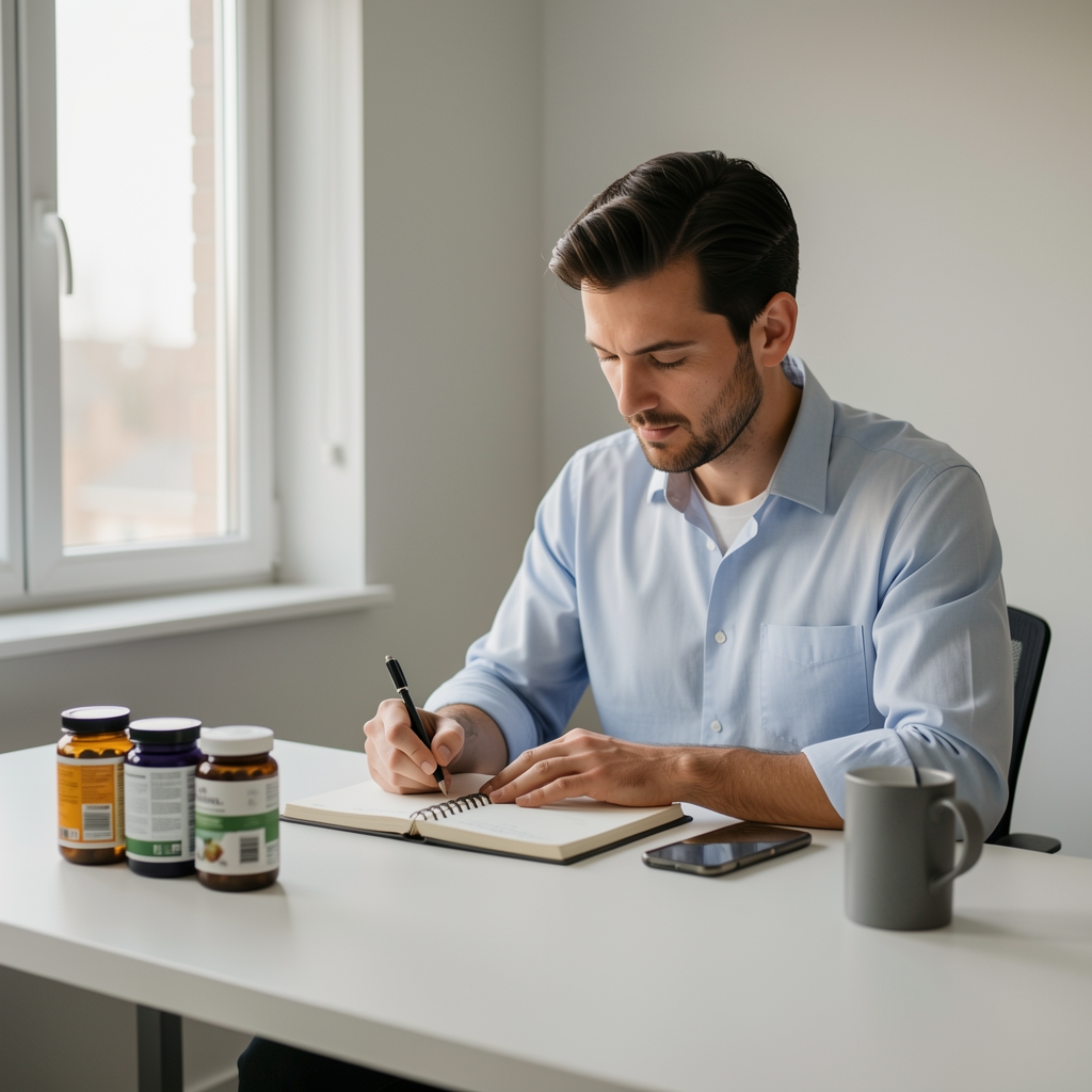 Man journalling at a clean desk with supplement containers visible, soft daylight from window, editorial composition