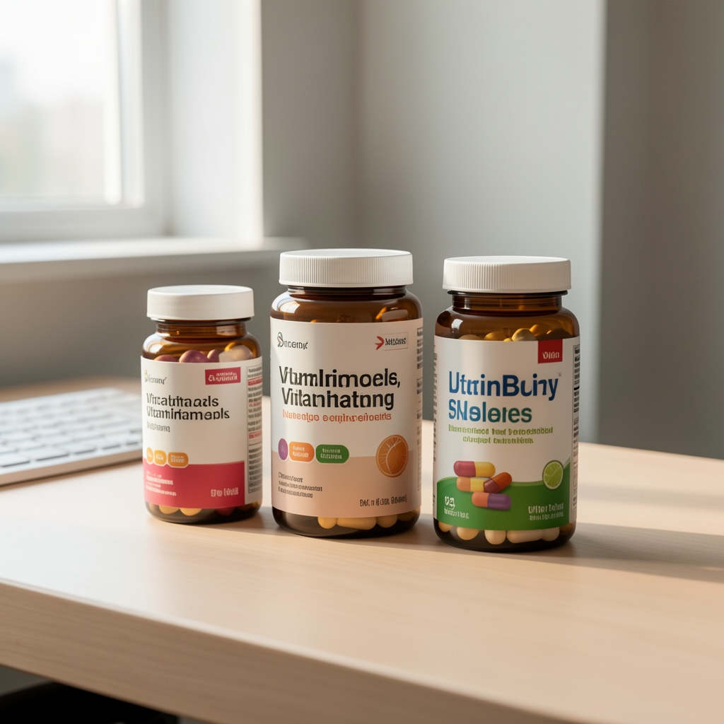 Close-up of vitamin supplement containers on a clean desk surface with natural morning light