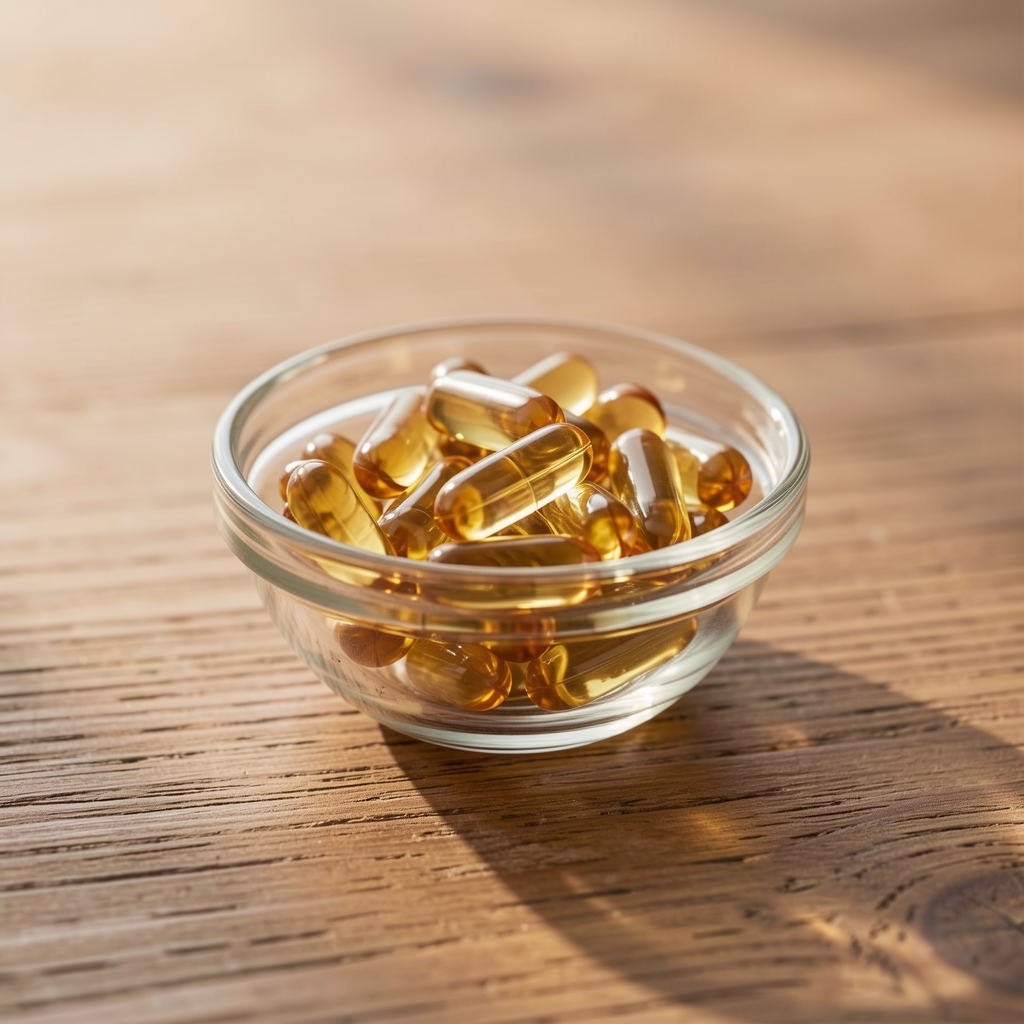 Omega-3 fish oil daily supplements in a small glass bowl on a wooden surface, soft natural light