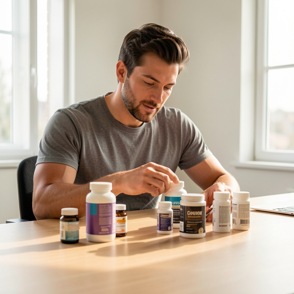 Active man reviewing supplement containers on a clean wooden desk, natural morning light, editorial composition